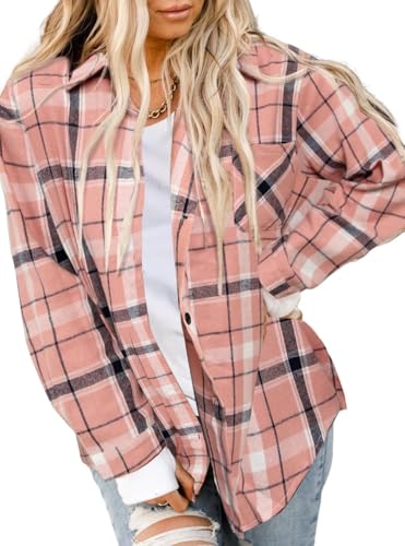 Asiertiy Womens Buffalo Flannel Plaid Shirts Jackets Causal Pink Blouse
