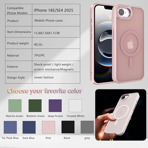 Image of Magnetic iPhone 16E /17e case,Compatible with Magsafe, Military-Grade Protection,Slim Translucent Matte Shockproof with Anti-Scratch Anti-Fingerprint Phone Cover (Pink, iPhone 16E /17e)