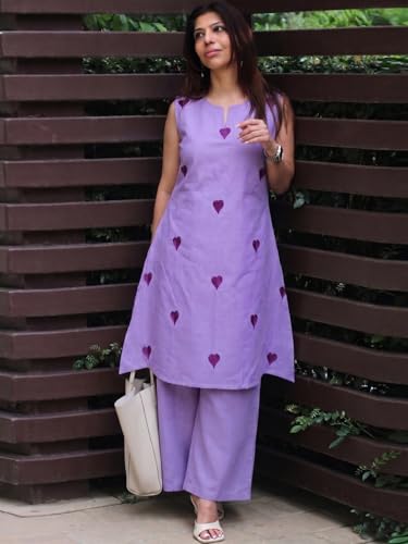Image of ANNI Designer Kurta Set for Women Cotton Blend Embroidered | Kurti Set for Woman | Farshi Salwar Suit Kurta Palazzo Outfit | Round Neck V Slit Sleeveless Regular Fit Ethnic Dress Stylish Clothing