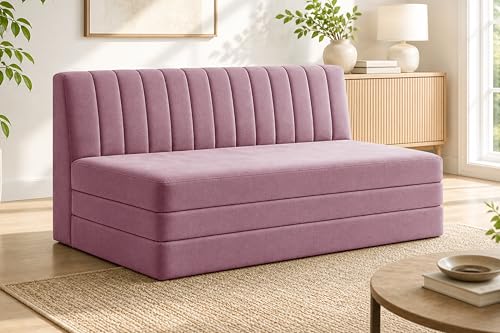 Image of 3-Seater Foldable Floor Sofa Bed with, Modern Velvet Fabric Folding Couch for Living Room, Guest Room & Small Spaces-Rose Pink