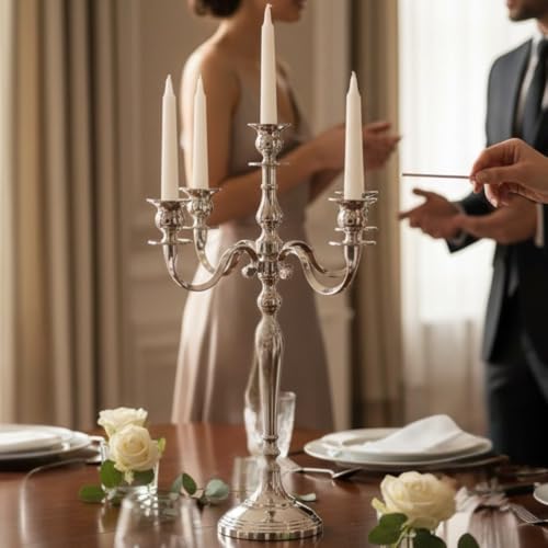 Image of Decorative Aluminum German Silver Plated Five Arm Candle Holder Stand | Candelabra | Candlesticks Holder for Home & Hall Decore (18 inch * 18 inch * 32 inch)(Size:X-Large)