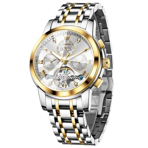 Image of OLEVS Men's Automatic Watch Batteryless Waterproof Mechanical Self Winding Stainless Steel Dress Luxuxry Wrist Watch with Tourbillon, Day-Day-Year & Chronograph Gift for Him Relojes de Hombres