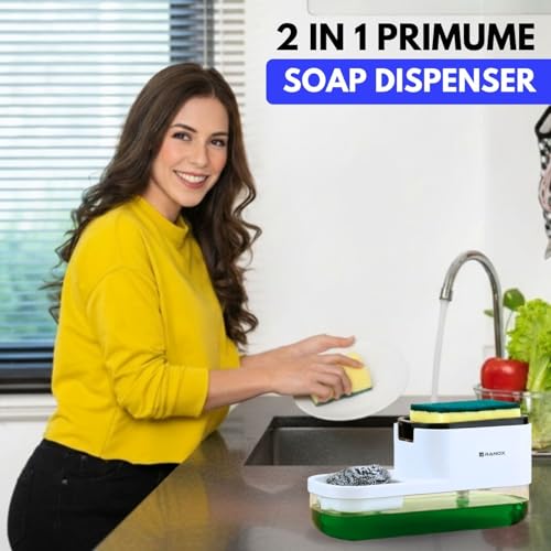 Image of Ranox Soap Dispenser for Kitchen Sink Accessories, Dish Wash Liquid Dispenser Pump 400ml with Sponge Holder, Bathroom Soap Dispensers, Kitchen Sink Organizer (White (Dual Dishwasher))