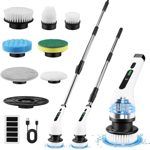 Cepillo Electrico Limpieza Hogar Kit, Escoba Limpieza Fregadora Electrica, con 7 Cabezales de Cepillo de Repuesto, Power Scrubber con Mango Ajustable, para Baño, Suelo de Baldosas, Coche