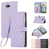 Rosbtib 用の Xperia 8 / 8 lite ケース 手帳型 財布型 カバー エクスぺリア8 スマホケース おしゃれ ファスナー型 小銭入れ カード収納 SOV42 SO-02M 902SO 手帳型ケース エレガント チェック柄 刺繍 携帯カバー 高級PUレザー 肌触り良い ストラップ付き マグネット式開閉式 スタンド機能 全面保護(パープル)