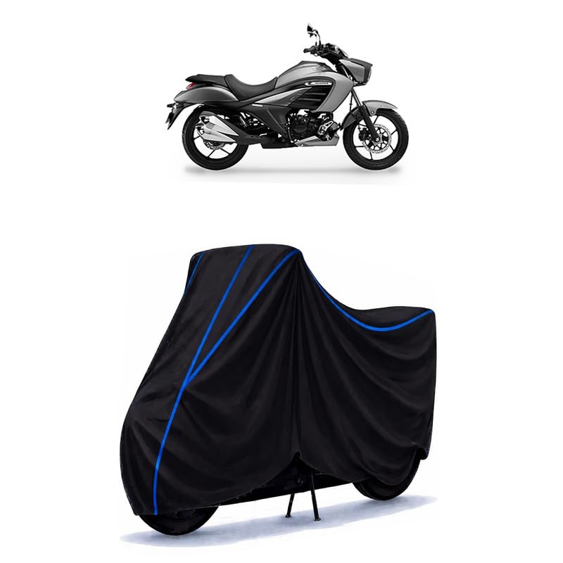Image of Suzuki Intruder 150 Bike Cover Water Resistant Universal Motorcycle Rain | Heavy Duty UV Protection, Dust, Scratch Indoor Outdoor All Weather with Black Blue Piping Elastic