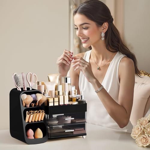 Image of HBlife Cologne Organizer for Men Makeup Organizer with Brush Holder for Vanity, Large Plastic Bathroom Countertop Organizer Skin Care Storage, Fathers Day Gift for Dad Husband, Black