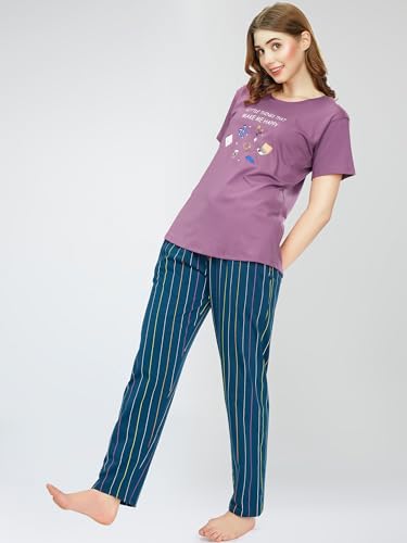 Image of ZEYO Night Suit for Women's Stripe Printed Cotton Night Dress of Top and Pajama Set 5769