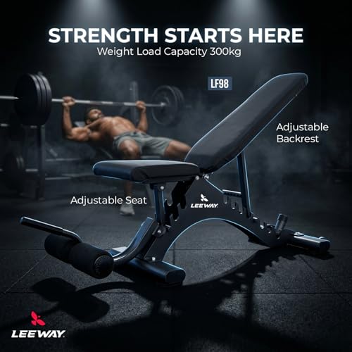 Image of Leeway LF98 Bench Press for Home Gym Setup | Adjustable Gym Bench Incline Decline Flat | 350KG, 9+3 Positions Foldable Multipurpose Workout Stand | Portable Equipment | Leg Curl Table /Chair Machine (Black, Bench LF98, 1)