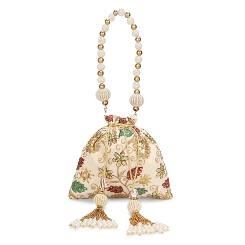 Image of LONGING TO BUY Indian Embroidered Pearl Potli Bag For Women, Sequence Design with Tassel, Wedding Potli Bags