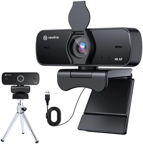 NewlineWork Webcam 4k PC con Doppio Microfoni con Cancellazione del Rumore, Auto-Focus, Correzione Luce, con Privacy Shutter e treppiede, USB 2.0 UHD Webcam per PC Mac Desktop Skype Streaming