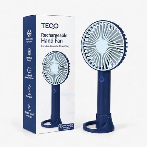 Image of TEQO Rechargeable Hand Fan 4800 RPM High Speed | 1200mAh Battery, Up to 6 Hours Runtime | Portable USB Fan with Mobile Stand & RGB Light | 3 Speed Personal Mini Fan for Travel, Makeup (Blue)