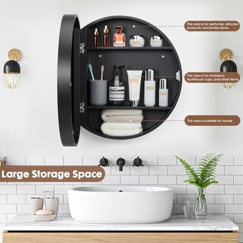 Armario de medicamentos redondo de 20 pulgadas con espejo - Montaje en pared | Espejo con estantes ocultos, marco de madera premium y diseño resistente a la humedad, almacenamiento ahorrador de espacio para baño (negro) miniatura 4