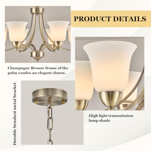 Image of 6 Lights Brushed Bronze Dining Room Light Fixture Farmhouse Modern Chandelier Pendant Light Champagne Bronze Adjustable Ceiling Hanging Lighting with Frosted Glass for Kitchen Island Living Room Foyer