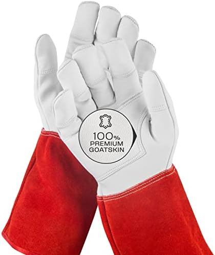 NoCry Long Leather Gardening Gloves for Women and Men; Near Thorn Proof for Cactus, Rose and Blackberry Pruning, General Yard Work and Garden Gloves; Reinforced Palms and Fingertips; Red; X-Small