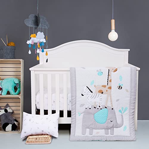 Image of JISEN 3 Piece Crib Bedding Set Crib Quilt Crib Sheet Pillowcase - Soft Microfiber Printed Nursery Set for Baby Boys or Girls Gray
