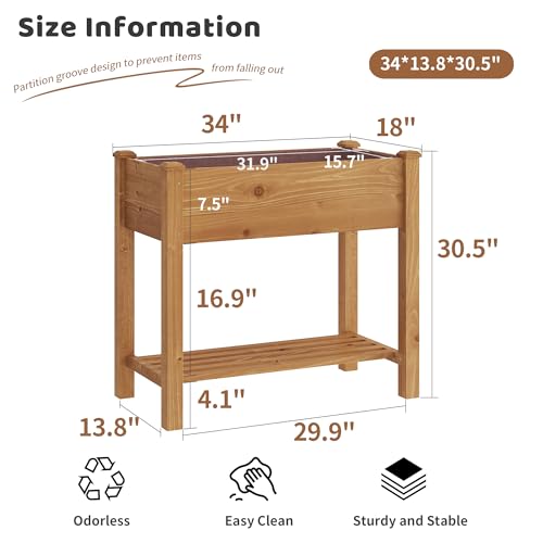 Image of Raised Garden Bed with Legs Elevated Wooden Planter Box Stand Large Planter Stand Box for Fruits Vegetables Flowers with Divider with Bag - 34x18x30.5IN(Brown)