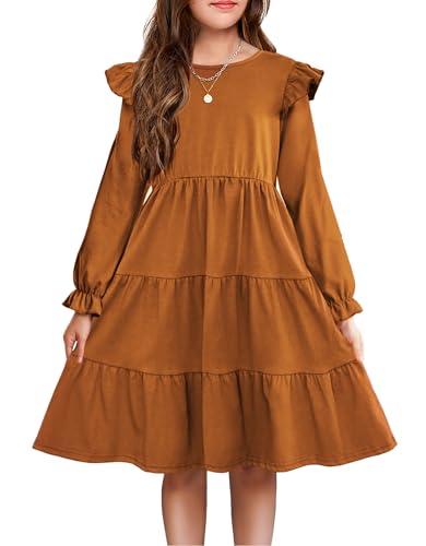 Arshiner Girls Dress Fall Ruffle Sleeve Tiered Flared Flowy Midi Dresses with Pockets