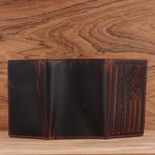 Image of Trifold Wallet for Men, Full Grain Cowhide Leather, RFID Blocking, Gifts for Men (Brown with US Flag)