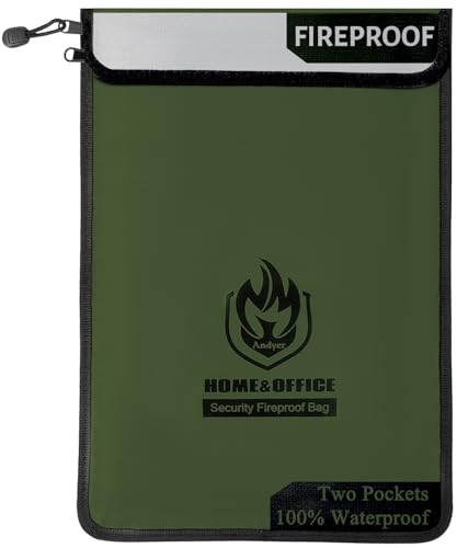 Bolsa de documentos Andyer, com dois bolsos, à prova de fogo (1093 °C), impermeável, 38 cm x 28 cm, com zíper, bolsa para objetos de valor e documentos (verde)