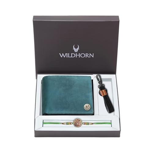 Image of WildHorn Men Leather Hamper for Brother - Classic Combo /Gift Set of Wallet, Keyring and Rakhi for Brother /Bhaiya., Blue