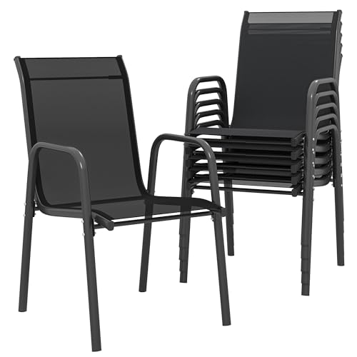 Outsunny Juego de 6 Sillas de Jardín Exterior Apilables, Sillas Terraza Exterior con Reposabrazos, Asiento y Respaldo de Malla Transpirable, Estructura Metálica Resistente, 51x69x87 cm, Negro
