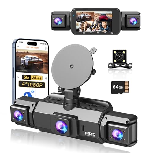 4 Channel Dash Cam 360 View Front and Rear Left Right Inside Camera for Cars GPS and 5G Band WiFi Night Vision 180 Wide Angle WDR 24H Parking Mode Included 64GB Card