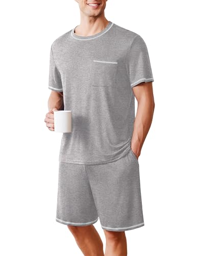 Ekouaer Schlafanzug Herren Kurz Pyjamas mit Oberteil und Kurzer Hose Schlafanzüge Kurzarm Nachtwäsche Sommer, Hellgrau, XL