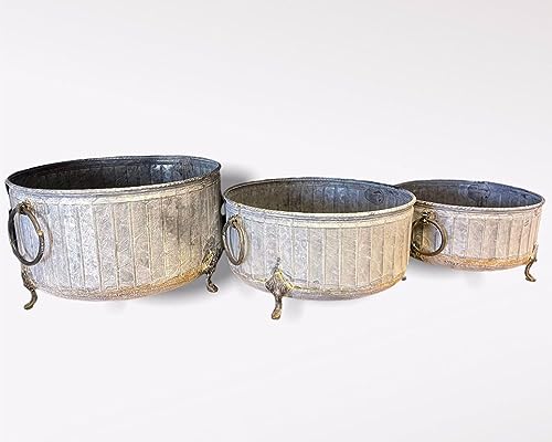 Juego de 3 macetas galvanizadas Regal con patas | Macetero de jardín de acero metálico