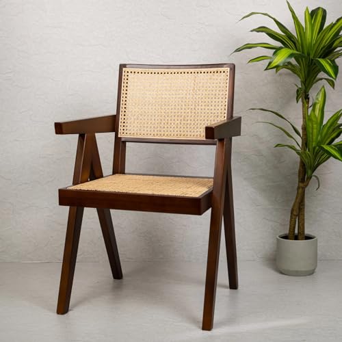 Image of Solid Wooden Rattan Arm Lounge Chair | Dining Chair for Living Room, Hall and Office (Black Teak Finish) | 50D x 50W x 90H CM