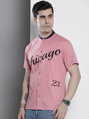 Image of The Indian Garage Co Men Cotton Regular Fit Placement Print Half Sleeves Baseball Collar Casual Shirt