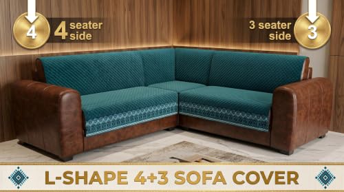 Image of KINGLY L-Shape Sofa Cover 7 Seater 4+3 Velvet Full Cover - Teal Blue | Fully covered quilted velvet slipcover, washable anti-slip furniture protector, L-type corner sofa cover for living room
