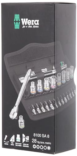 Image of WERA 05004018001 8100 SA 8 Zyklop Metric Metal Ratchet Set with Switch Lever, 28 Piece, 1 /4 inch Drive
