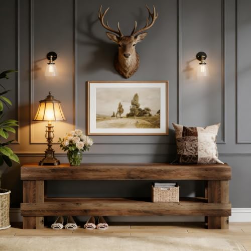 Image of Softa 59 Inch Entryway Bench with Shoe Storage Shelf, 2-Tier Shoe Seat with 3.35 Inch Thickened Top, Long Farmhouse End of Bed Bench for Bedroom, Hallway, Living Room or Dining Room