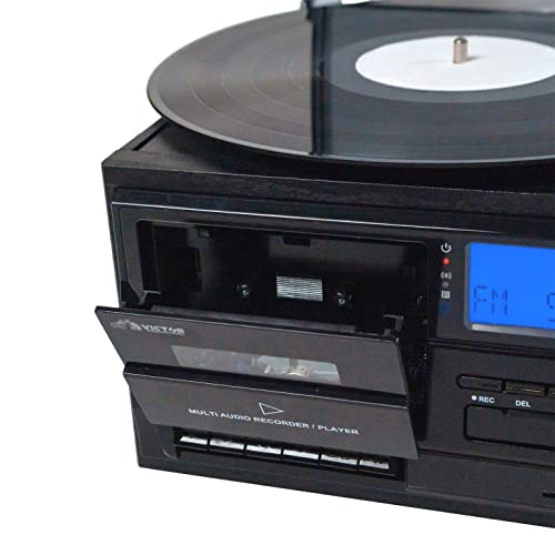 Victor Cosmopolitan 8-In-1 Turntable Music Center With 3-Speed Record Player, Cd/Mp3/Cassette Player, Am/Fm Radio, Dual Bluetooth In & Out, Usb Playback & Record, & Built-In Stereo Speakers, Black #TOP3