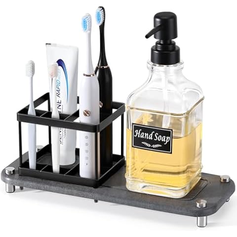 Shinowa Toothbrush Holders for Bathrooms, Stainless Steel 5 Slots Electric Toothbrush Holder with Instant Drying Stone, Bathroom Toothpaste Holder Bathroom Accessories Organizer with Soap Dispenser Cover