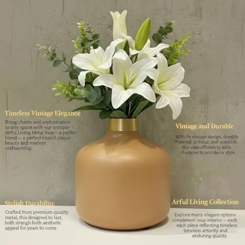 Image of Artful Living India - Round Metal Flower Vase | Round Vintage Vase for Living Room, Table, Office Decoration & Home Decor | Antique Decorative Metal Vase (Warm Beige)