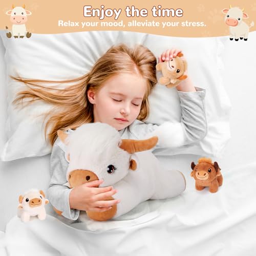 Image of 4 Pieces Highland Cow Stuffed Animals - 1 Mommy Stuffed Highland Cow with 3 Babies - White Cow Gifts for Girls Age 3-8, Cows Plush Toys for Christmas, Valentine's, Birthday Gifts (White)