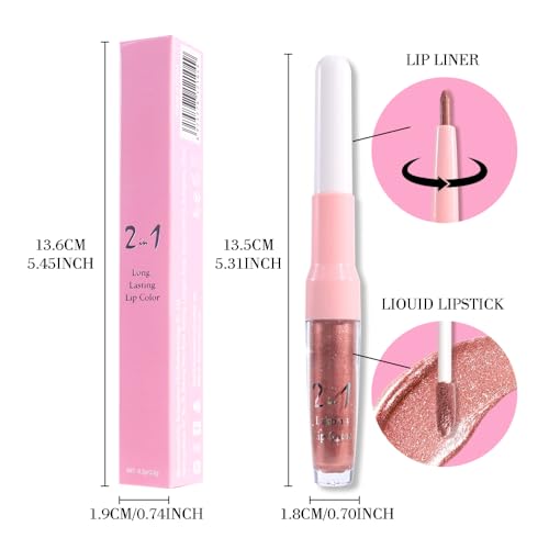 Image of evpct Bronze Gold Metallic Glitter Lip Liner and Lipstick Combo Lip Gloss Stain Set Makeup for Women Long Lasting Waterproof 24, Rose Gold Metallic Shimmer Frosted Iridescent Glossy Liquid Lipstick 14