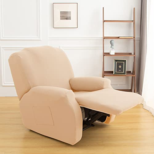 Stretch Recliner Chair Cover,4-Pieces Sofa Cover Slipcover Couch Covers,Armchair Cover Non-Slip Furniture Protector,Elastic Spandex Soft Recliner Chair Protector with Side Pocket(1 Seater Cream) - Image 3