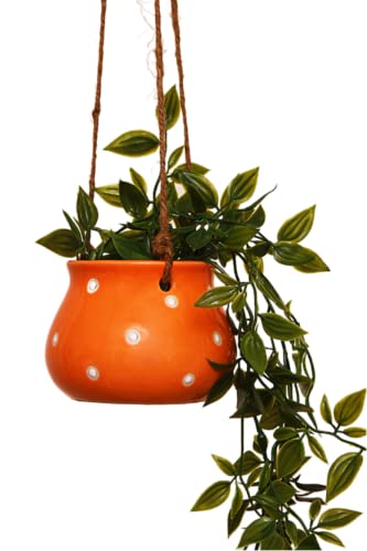 Image of Leafy Tales Hanging Matki Shape Ceramic Pot Set of 2, Pot Only, Multicolor