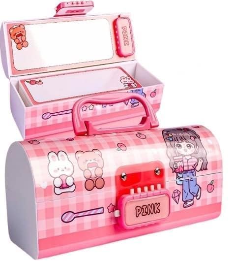 Image of WORSHIPER New Cartoon Theme Pencil Box with Push Pull Eraser Set for Kids | Suitcase Style Password Lock Stationery Organizer | School Supplies Gift Combo for Boys & Girls (Pink Beauty PBPB - NEW)