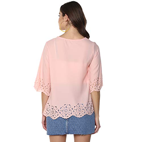 Image of mayra Women's Pink Color 3 /4 Sleeve Laser Cut Out Top