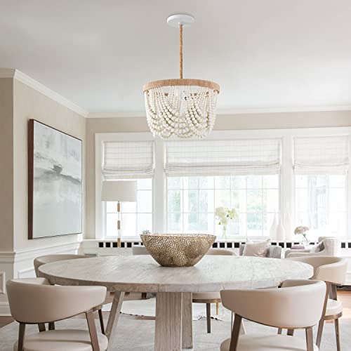 VILUXY Bohemia Wood Beaded Pendant Lights Antique Rustic Mini Chandelier White Finishing for Bedroom, Nursery Room, Girl Room, Hallway, Entryway, Passway, Dining Room, 3-Light - Image 2
