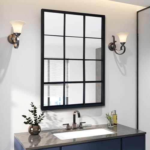 OUSHUAI Balck Rectangle Mirror,Window Pane Grid Mirror,Minimalism Wall Mounted Mirror for Entryway,Hallway,Living Room,Fireplace 24