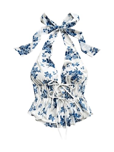 Women's Boho Floral Print Halter Top Y2k Sleeveless Backless Bow Knot Ruffle Tank Tops