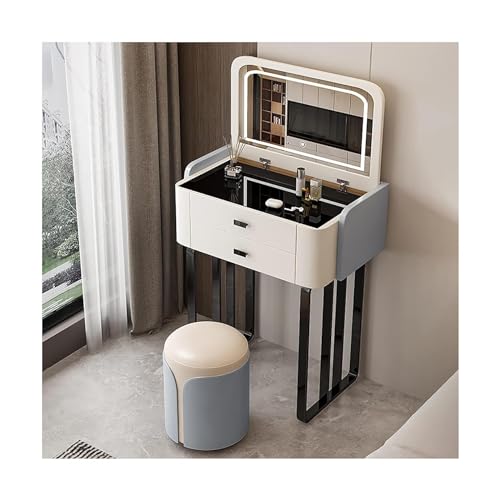 Moderno juego de tocador de maquillaje con luz LED, parte superior de vidrio templado, doble cajón, taburete tapizado, elegante mueble de baño o dormitorio