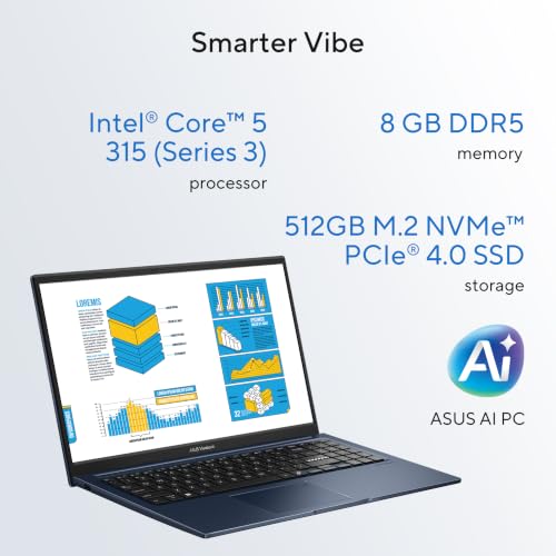Image of ASUS Vivobook 15 (2026),Intel Core 5 (Series 3-Gen),Fingerprint Sensor,8GB RAM,512GB SSD,FHD,15.6 inch(39.6 cm),Windows 11,M365 Basic(1Y),Office 2024,Quiet Blue,1.7 Kg,X1504MA-BQ833WS, AI Laptop