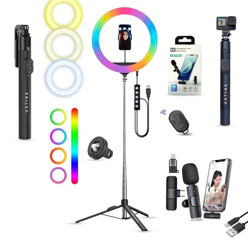 Image of Youtuber Kit | 10 inch RGB Ring Light | Imported mic | Extra-Long Selfie Stick with Large Reinforced Tripod Upto 67 inch /170 cm with, BT, Fb Videos, Reels. (Tripro X5 + 10 inch RGB Light+Wireless Mic)