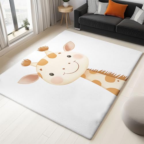 Alfombra Lavable Antideslizante Marfil, Pelo Corto Estampada Estilo de Dibujos Animados de línea de Jirafa Decorativa, Alfombra Rectangular para Salón, Dormitorio Cocina Entrada 120 x 180 cm